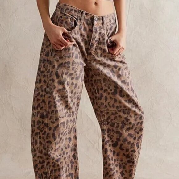 Leopard Print Baggy Barrel Cut Jeans Pants - Picture 1 of 6